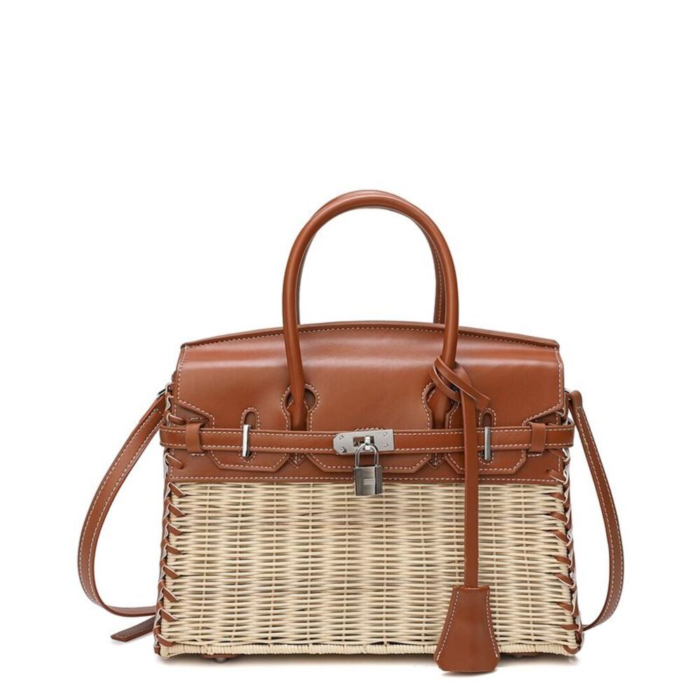 Leather & Wicker Satchel Handbag in Tan